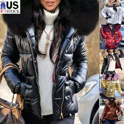 $34.67 • Buy Womens Winter Warm Quilted Padded Parka Short Fur Collar Hooded Coat Jacket US