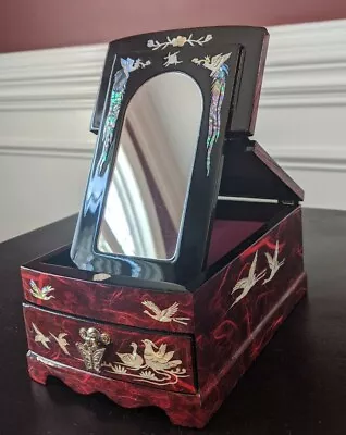 Korea Mother Of Pearl Wood Burgandy Lacquer Oriental Jewelry Box:New • $117.99