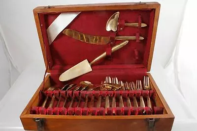 Vintage Child Size Toy Brass Flatware Set With Serving Flatware + 1 In Case • $250