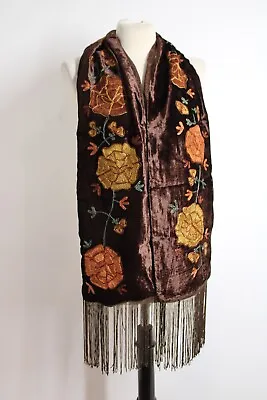 Christian Livingston Crewel Embroidery Floral Brown Velvet Fringe Scarf • $19.99