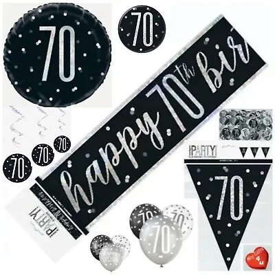 Black Silver Age 70th & Happy Birthday Party Decorations Bunting Banner Balloons • £1.99