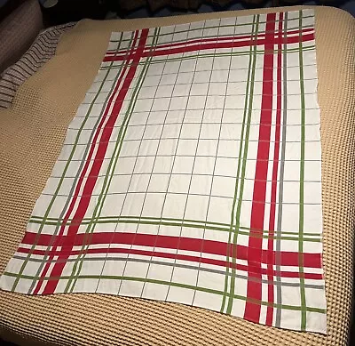 Vintage White Green Grey Red Striped Squares Rectangular Tablecloth 65x 48 1/2 • $24.99