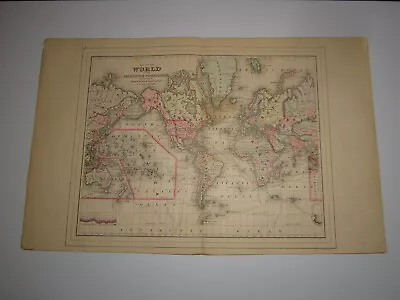 1887 William Bradley Map Of The World Mercator Projection From Bradley's Atlas • $44.99