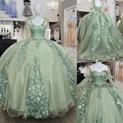 Sage Green Quinceanera Dresses 3D Flowers Ball Gown Pageant Party Sweet 15 Dress • $152.09