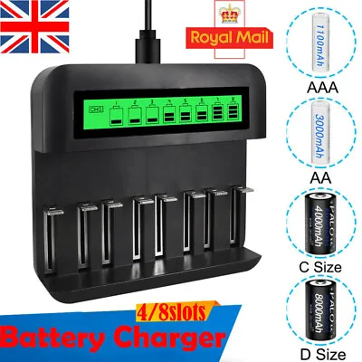 Universal 4 / 8-Slot Fast Battery Charger AA AAA C D Ni-MH Rechargeable Battery • £11.45