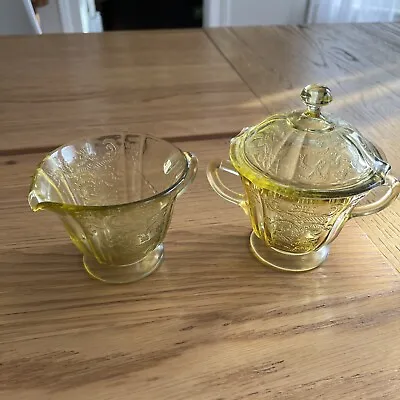 Vintage Federal Glass MADRID Amber Yellow Depression Glass Creamer & Sugar Set • $40