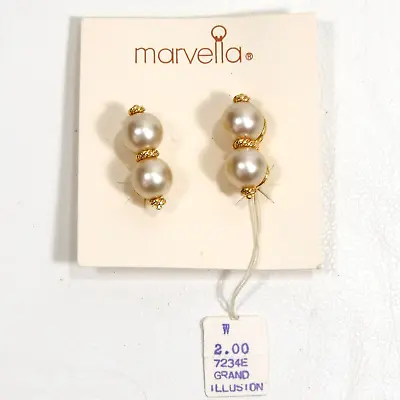 Marvella Earrings Clip On Drop Vintage Gold Tone Double Faux Pearl 7/8  NOS • $12.99