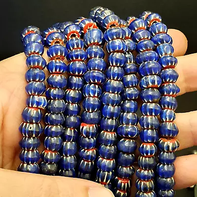 Vintage Venetian African Style Glass Blue Chevron 9mm Beads Long Strand • $40