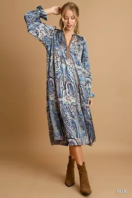 Umgee Paisley Floral Embroidered Split Neck Blue Midi Dress  • $58