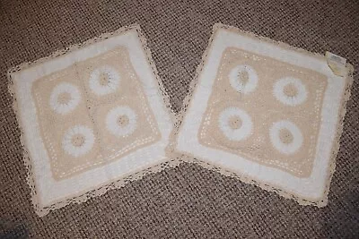 Pair 2 X Vintage Handmade Crochet Cream Ivory Beige Lace 30cm Cushion Covers NEW • £6.99