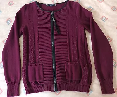 Principles Cardigan Size 14 Purple With Black Leather Trim Very Good Condition • £8.99