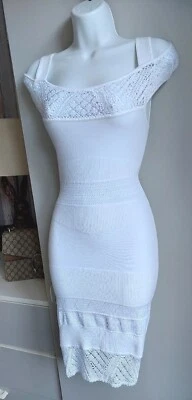 £29.39 • Buy Exquisite Vintage KAREN MILLEN White Crochet Knit Fitted Dress Sz3 UK12 US8 EU40