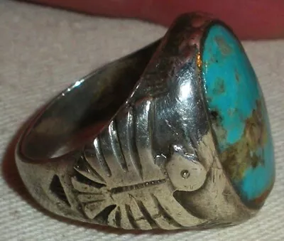 VINTAGE NAVAJO KINGMAN TURQUOISE THUNDERBIRD STERLING SILVER SIZE 8.5 Vafo • $1200