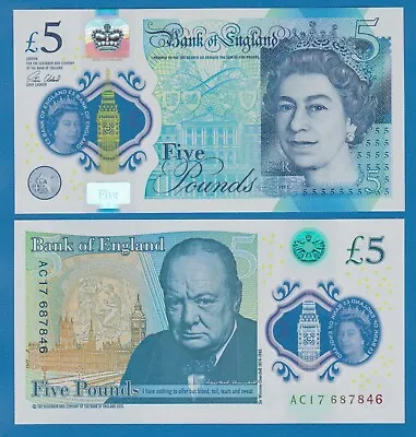 Great Britain England 5 Pounds UK 394 2015 Polymer Queen Elizabeth UNC Churchill • $10.99