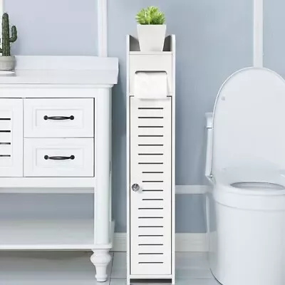 Wooden White Free Standing Toilet Paper Roll Holder Bathroom Storage Cabinet UK • £13.99