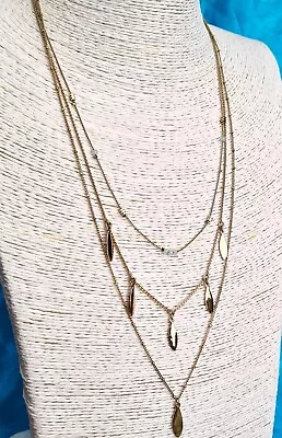 Accessorize Gold Toned Layered Leaf Design Necklace With Pale Blue Fine Beads • £6