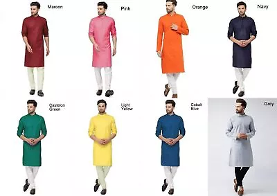 Long Magic Cotton Plain Kurta Pajama Suit Men's Indian Traditional Kurta 16-PJ7 • £20.99