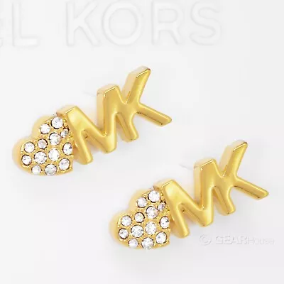 Michael Kors Womens MK Logo Stud Earrings Pave Crystals Heart Gold Tone Brass • $30.90