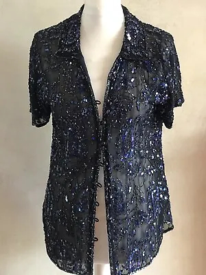 £14.95 • Buy Vintage Charlotte Halton Dark Blue Floral Sequin Blouse Size 12 - Beautiful
