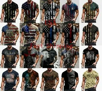 Men T Shirts USA American Flag Fashion Short Sleeve Silky Graphic Streetwear Tee • $18.86