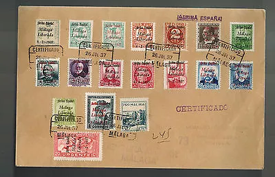 1937 Malaga Spain Censored Cover To Sevilla Civil War Overprints Certified Mail • $125