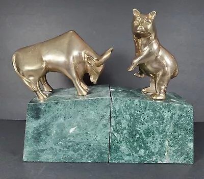 Gatco Bear & Bull Brass Bookend Set Heavy Green Marble Base Wall Street • $44.99