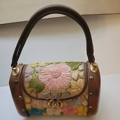 Vtg Bags By Patricia Raffia Embroidered Floral Wood Barrel Box Purse Granny Core • $100