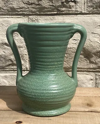 Early HAEGER Art Pottery VASE 223 Geranium Glaze Deco 2 Handles Green Vintage 9” • $34.95