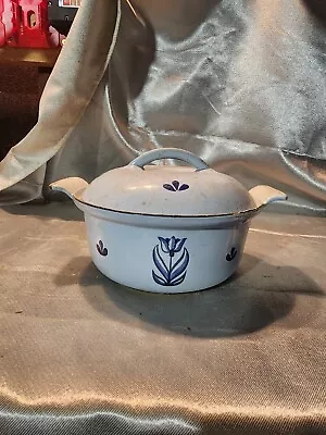 Vtg Dru Blue Tulip Enameled Cast Iron Dutch Oven Pot Holland • $20