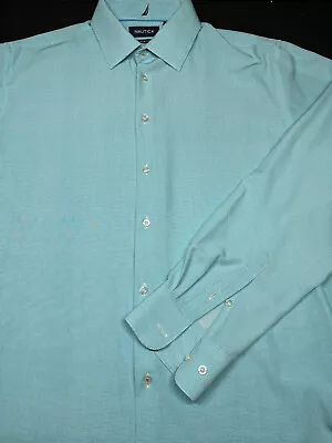 Nautica Mens Button Front Long Sleeve Polyester Spandex Shirt Large L 16 16 1/2 • $19.99