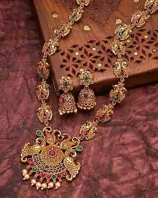 South Indian Traditional Gold-Plated Stone-Studded Necklace & Earrings Set • $27.67