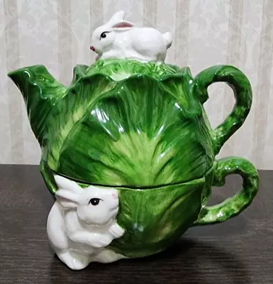 Vintage Rabbit Tea Pot Cup For One Garden Bunny  Cabbage Made In China With Box • $25