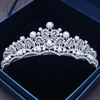£33.26 • Buy Stunning Silver Crown/tiara With Clear Crystals & White Pearls, Bridal Or Racing