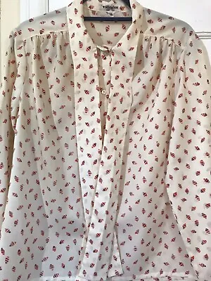 Windsmoor Blouse Vintage 70s Cream & Red Long Sleeve Pussybow Size UK 14/16 • £14.99