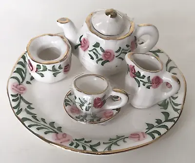 Tiny Floral Gold Rimmed Pink Green Porcelain Miniature Dollhouse Tea Set 7 Pc • $12.98