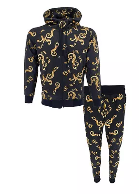 UK Mens Baroque Print Urban Fashion Tracksuit Hoodie Zipper Top Matching Jogger • £34.70