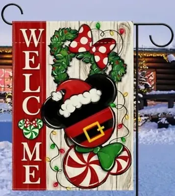 Disney Mickey Mouse Minnie Mouse Welcome Holiday Garden Yard Flag Bow Christmas • $17.99