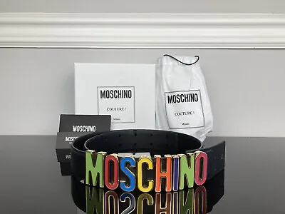 MOSCHINO Couture Made In Italy Black Leather Belt Multicolor Signature Buckle L • $238.50