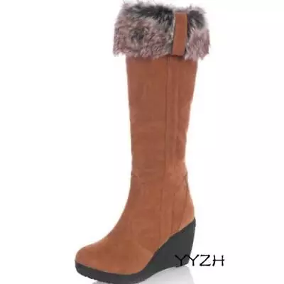 Winter Women Shoes Knee Boot Faux Fur Mid Long Round Toe Boot Wedge Heels US 7 8 • $59.39