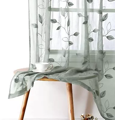 HOMEIDEAS Sage Green Sheer Curtains 52 X 84 Inches Long 2 Panels Embroidered Lea • $69.22