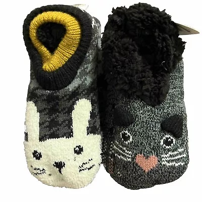 NEW WOMENS SECRET TREASURES FAUX FUR SLIPPER SOCKS (4-10) BLCK/GOLD RABBIT&Cat • $10.99