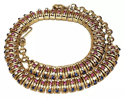 Vintage Vendome Pink Clear Blue Rhinestone Gold Tone Articulated Choker Necklace • $250
