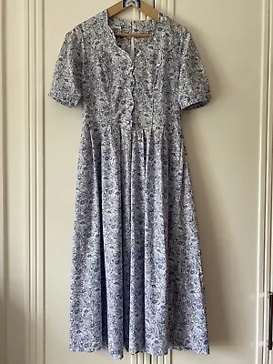 Vintage 80s Laura Ashley Blue Floral Scalloped Neckline Dress Size 14 • £45