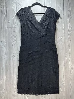 MARINA RINALDI BLACK DRESS SIZE 14 Beade Lace COCKTAIL Lined SlipOn • $49.99