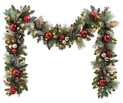 9FT PreLit And Decorated Garland 90 Warm White LED Lights Red And Gold Accents • $51.99