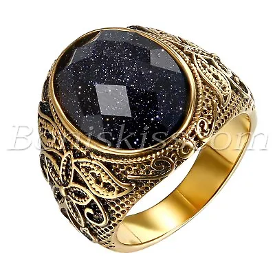 Men's Gold Plated Stainless Steel Patterned Purple Sand Glass Stone Band Ring • $10.99