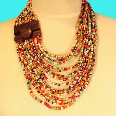 24  Red Muticolor Multi Strand Wood Buckle Waterfall Handmade Seed Bead Necklace • $14.99