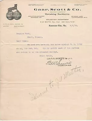 U.S. Gaar Scott & Co. Kansas Logo 1906 Manfs.Machinery Invoice Letter Ref 44162 • $9.95