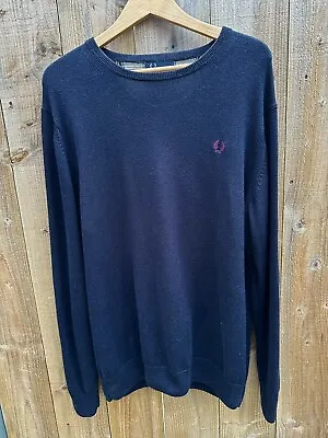 £23.95 • Buy Fred Perry Navy Blue Merino Wool & Cotton V-Neck Pullover Jumper XL