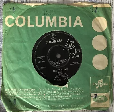 THE YARDBIRDS For Your Love Original 1965 Columbia Single DB 7499 • £4
